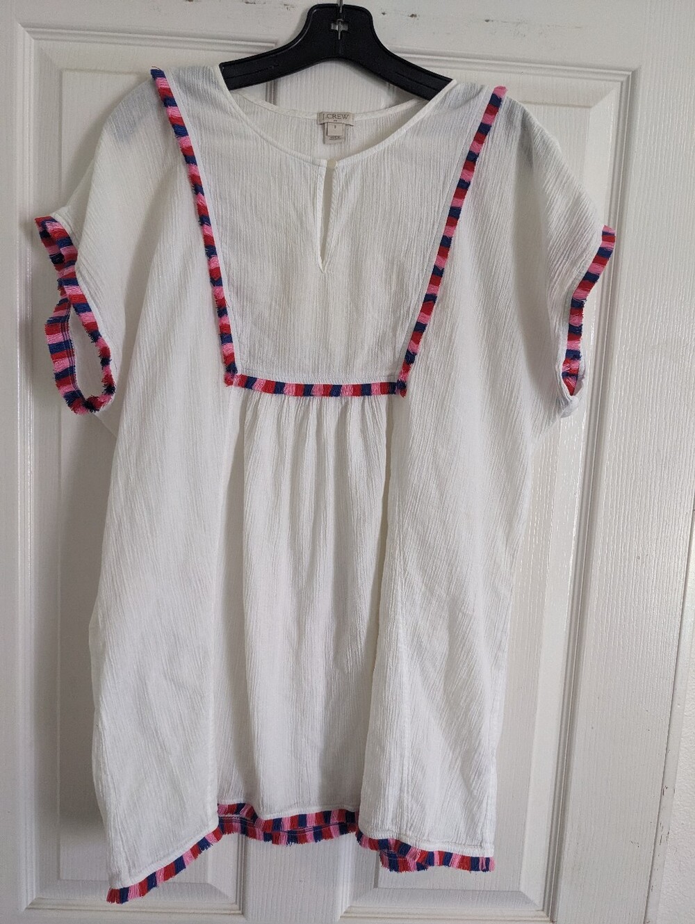 White  Cotton Gauze Coverup with Pink & Blue Trim